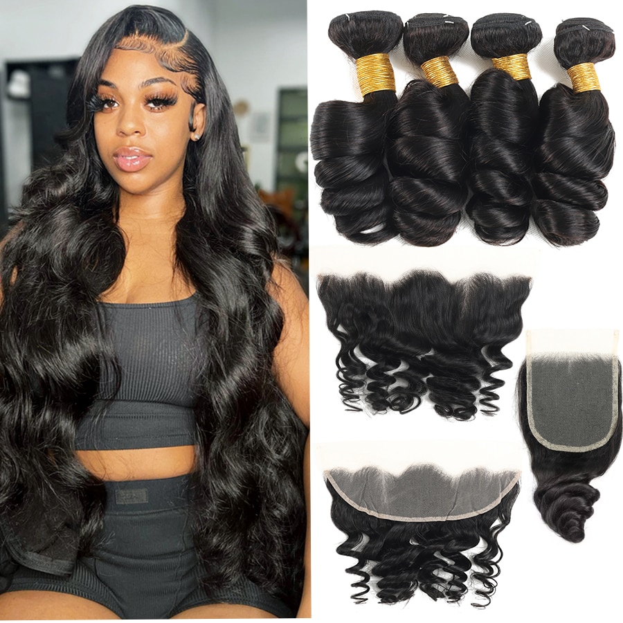 4x4 Lace Closure And 10-30 Inch Human Hair Bundles With 13x4 Lace Frontal Loose Wave Brazilian Remy Weave Bundles With Closure